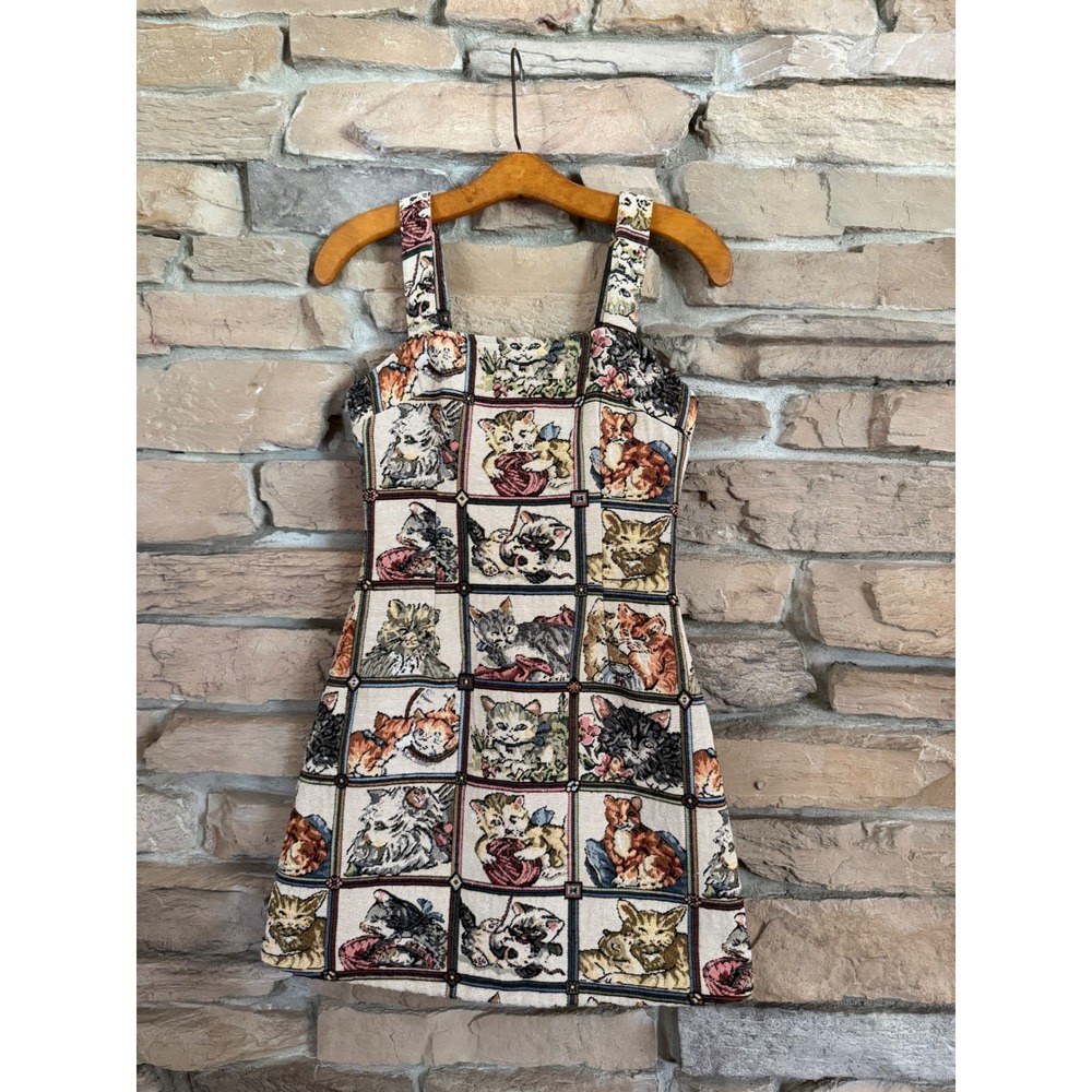 Cider Women XS Cat Tapestry Mini Dress Woven Jacquard Sleeveless Square Neck